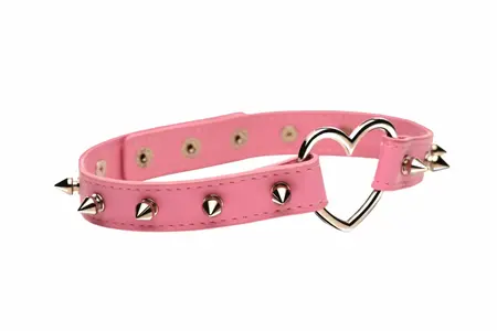 XR Brands Spiked Heart Choker Pink Vegan Leather Adjustable 42cm