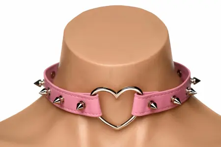 XR Brands Spiked Heart Choker Pink Vegan Leather Adjustable 42cm