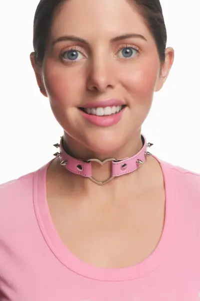XR Brands Spiked Heart Choker Pink Vegan Leather Adjustable 42cm