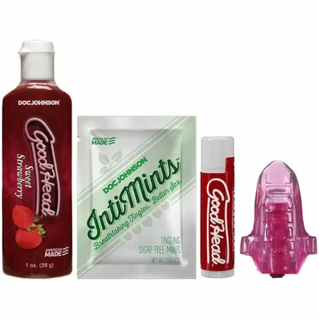 Doc Johnson GoodHead set za oralni seks sa ukusom jagode, gel 29ml i vibrirajući prsten