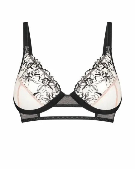 Obsessive Vila Blanes Black Bra - Embroidered Tulle, Gold Detail XS/S