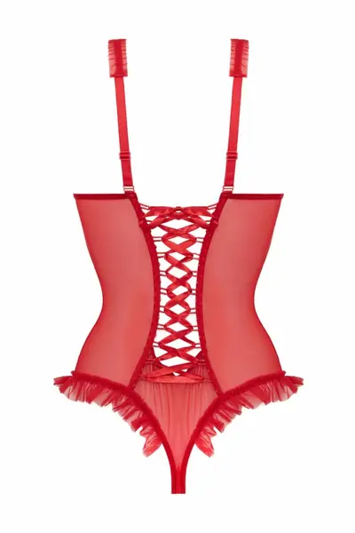 Mistique Wetlook Red Bodysuit with Open Design and Mesh Accents
