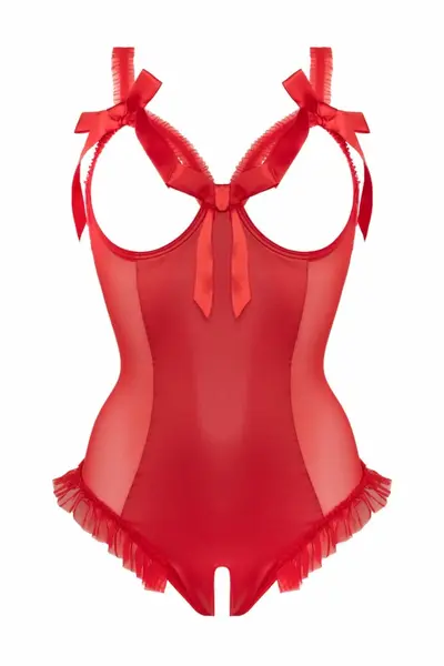 Mistique Wetlook Red Bodysuit with Open Design and Satin Lacing