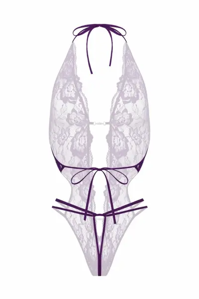 Renee Lace Open Crotch Bodysuit Purple - Elegant Strappy Design