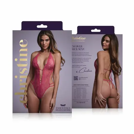 Renee Lace Open Crotch Bodysuit Pink Adjustable Rhinestone Detail