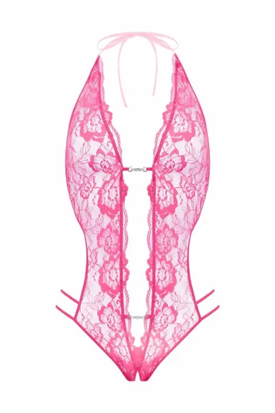 Renee Lace Bodysuit Pink Crotchless Design with Rhinestone Detail