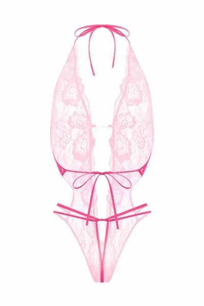 Renee Lace Bodysuit Pink Crotchless Design with Rhinestone Detail