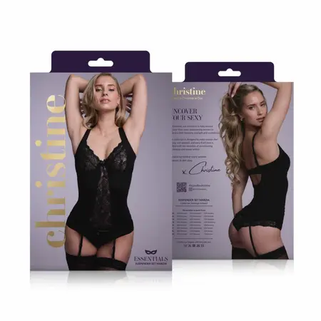 Vixson Marzia 2-Piece Suspender Corset Set Black Lace Adjustable Fit