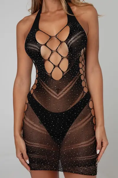 Amethille Glitter Dress Black - Shimmering Lace-Up Mini by Dresscode