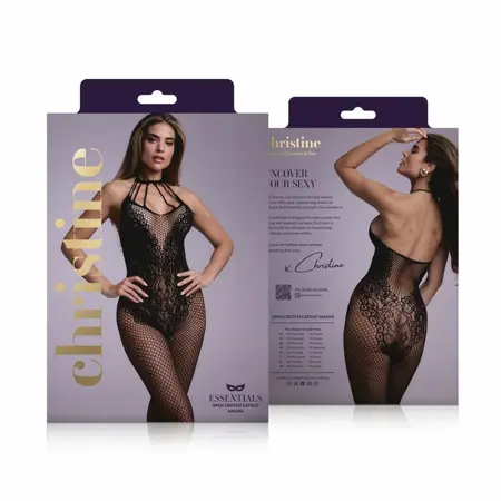 Passion Amara Black Bodystocking with Floral Lace, Crotchless, XS-XL