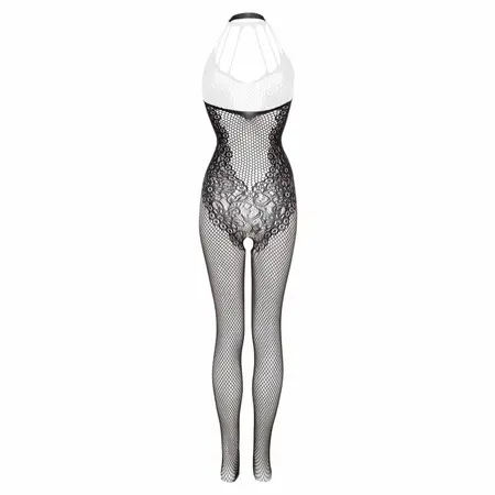 Passion Amara Black Bodystocking with Floral Lace, Crotchless, XS-XL