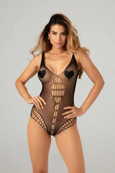 Amorelie Stretch Fishnet Bodysuit Black - Flexible Mesh Design