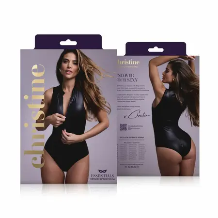 Christine Xenna Wetlook Bodysuit with 2-Way Zipper, Black, S/M
