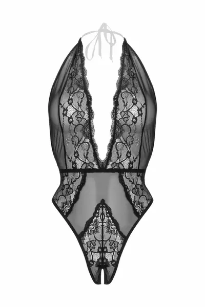 Be Wicked Dina Lace Mesh Halter Bodysuit Black - Open Design