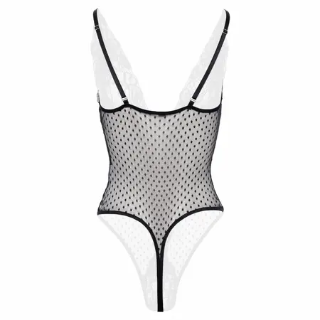 Sensual Dewi Black Lace Bodysuit with Open Detail and Polka Dot Pattern