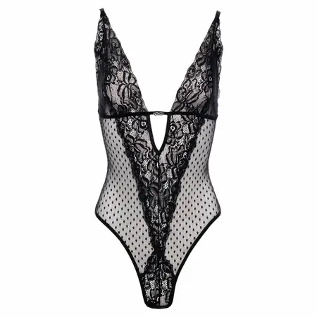 Sensual Dewi Bodysuit Black with Polka Dot Lace, Adjustable Straps