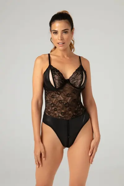 Christine Vesper Wetlook Lace Bodysuit Black - Open Design, Size Adjustable