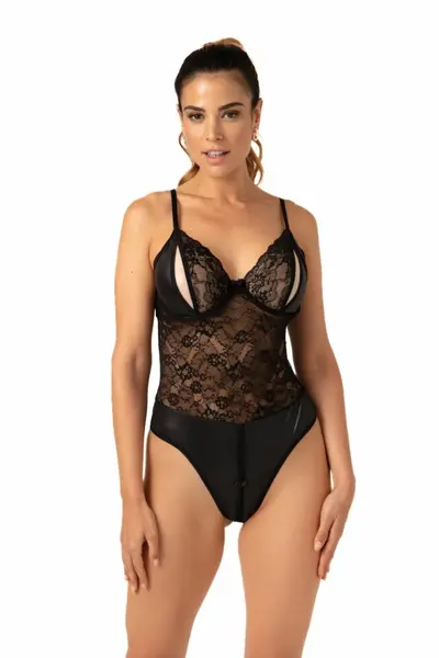 Christine Vesper Wetlook Bodysuit Black with Lace Elements Open Design