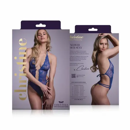 Renee Lace Open Crotch Bodysuit Blue - Adjustable Straps, Rhinestone Detail