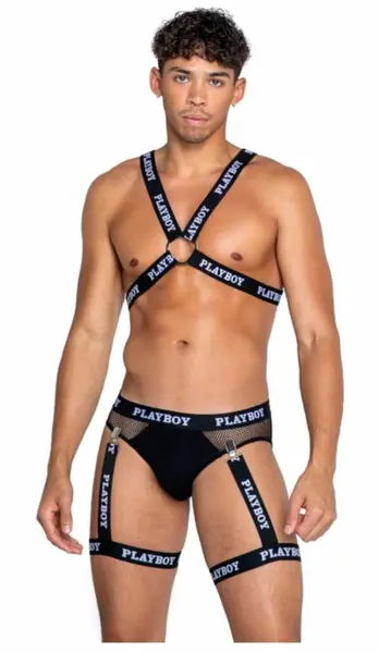 Playboy Lingerie Men’s Dark Room Suspender Set - Fishnet & Logo Design