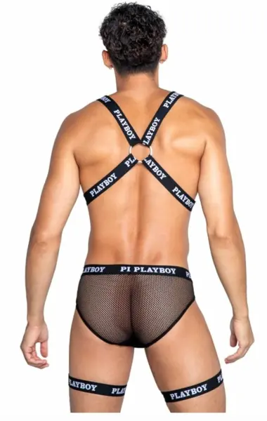 Playboy Lingerie Men's Dark Room Suspender Set with Fishnet Back, Black
