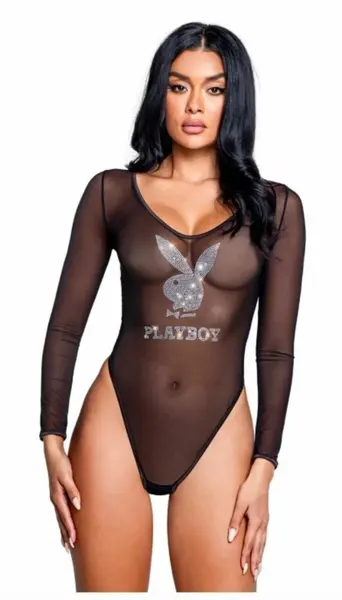 Playboy Sparkling Bunny Teddy - Mesh & Satin Bodysuit, Rhinestone Logo