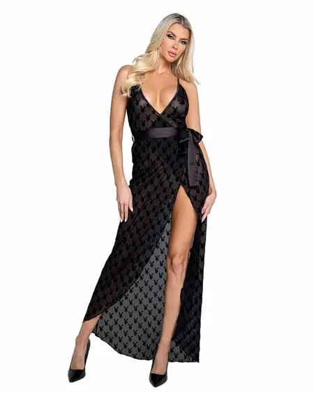 Playboy Lingerie Bunny Noir Slip Dress - Elegant Sheer Black with Satin Bow
