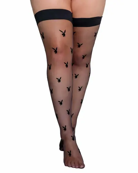 Playboy Bunny Noir Sheer Stockings with Signature Logo, Black, One Size