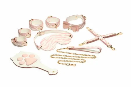 XR Brands Kitty Pink Bondage Set Vegan Leather Gold Accents Adjustable