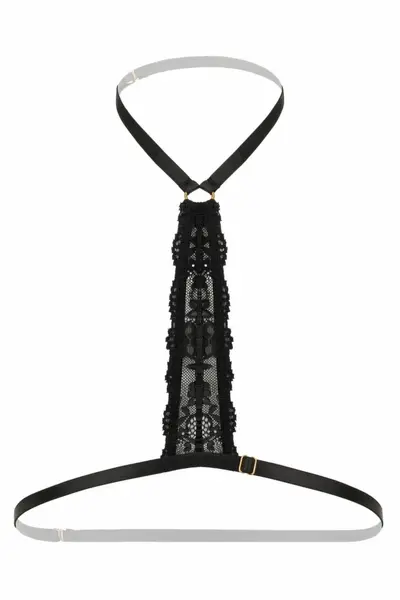 Evening Kiss Strappy Harness Bralette Black Lace Gold Accents