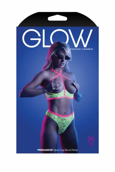 PERSUASIVE Neon Green Open Cup Bra & Panty Set UV Reactive Lingerie