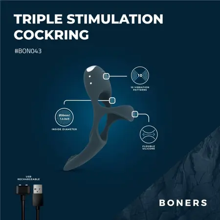 Boners Triple Ring Blue, silikonski intimni sistem na USB punjenje