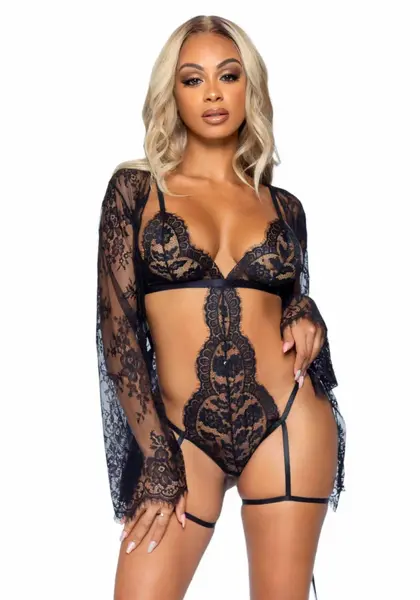 Leg Avenue All Romance komplet bodi i jaknica u crnoj boji elegantan čipkani set S/M