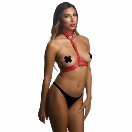 Sportsheets Chest Harness Red - Adjustable Vegan Leather Strap System