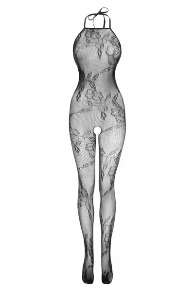 Besired Charla Bodysuit Black - Sheer Mesh Floral Pattern, Open Design