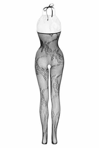 Besired Charla Bodysuit Black - Sheer Mesh Floral Pattern, Open Design