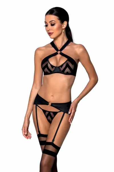 Passion Hima Intimate Lingerie Set Black - Bra, Thong & Suspender Belt