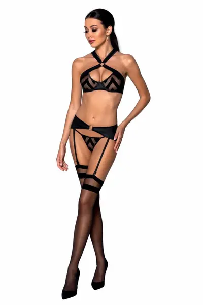 Passion Hima Intimate Lingerie Set Black - Bra, Thong & Suspender Belt