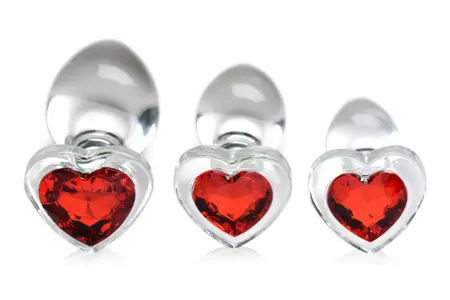Glas Red Heart Gem Glass Plug Set - 3 Sizes, Decorative Base
