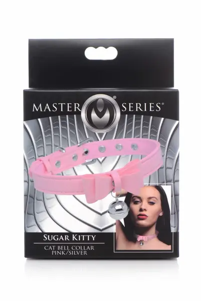 Golden Kitty podesiva roze ogrlica sa mašnicom i zvončićem od veganskog materijala