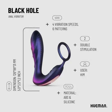 Hueman Black Hole analni vibrator i potporni prsten, 10 modova, silikon