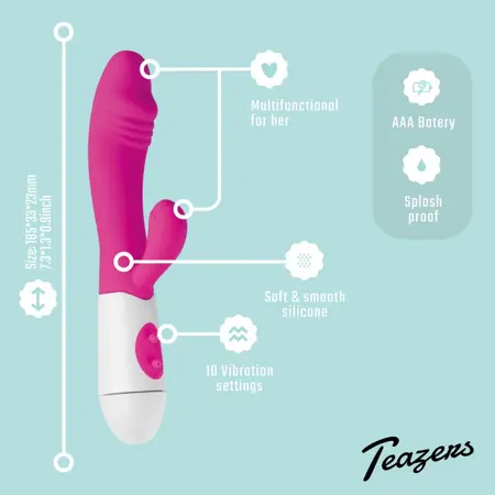 Teazers Pink silikonski rabbit vibrator sa dvostrukom stimulacijom, 10 modova vibracije, vodootporan