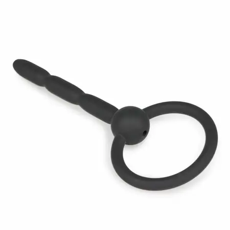 Sinner Gear Ribbed Hollow Silicone Intimate Channel Plug with Ring, Black