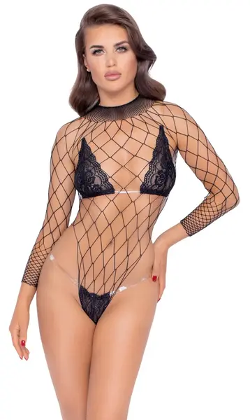 Cottelli Body Fantasy S-L crni mrežasti bodi, dugi rukavi, krupna mreža