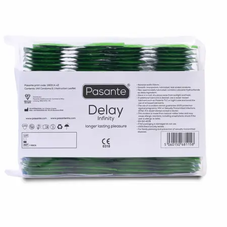 Pasante Delay 144 pcs - Transparent Latex Condoms with Comfort Fit 53 mm