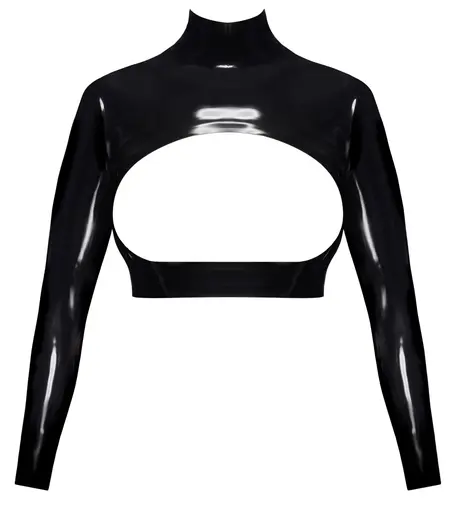 LateX crni Crop Top S - otvoreni prednji deo, stojeća kragna, dugi rukavi