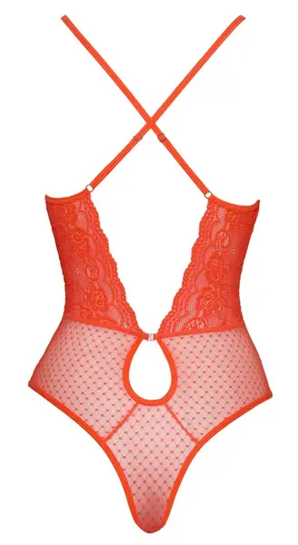Cottelli FANTASY tanga bodi neon koral čipka S/M - podesive trake