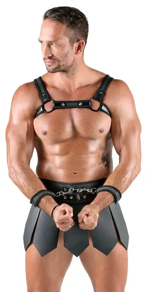 Svenjoyment Bondage Gladijator Set S - Grudi Harness i Suknja, Crni Mat