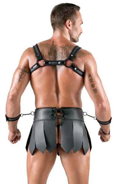 Svenjoyment Bondage Gladijator Set S - Grudi Harness i Suknja, Crni Mat
