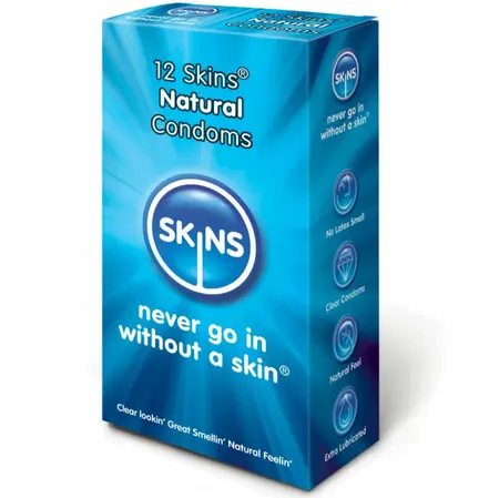 SKINS Natural Latex Transparent Condoms 12-Pack Extra Lubricated 52mm
